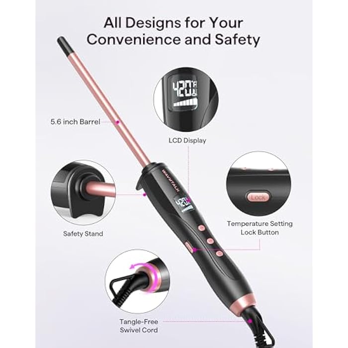 Wavytalk 3/8 Inch Small Curling Iron Wand for Short & Long Hair, Ceramic Barrel with Adjustable Temperature, Heat Resistant Glove Included (Rose Pink) - Image 5